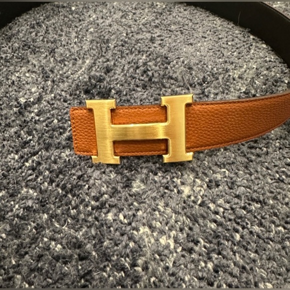 Hermes Orange/Black Togo and Box Leather H Buckle Reversible
